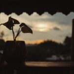 Secangkir kopi di meja saat langit senja berwarna lembayung.